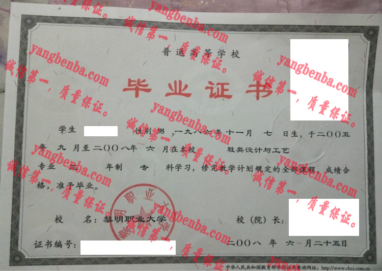 黎明职业大学毕业证样本