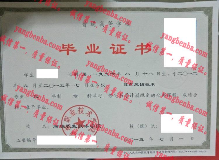 聊城职业技术学院毕业证样本