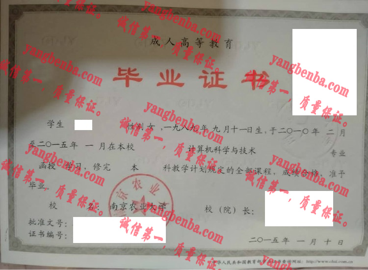 南京农业大学毕业证样本