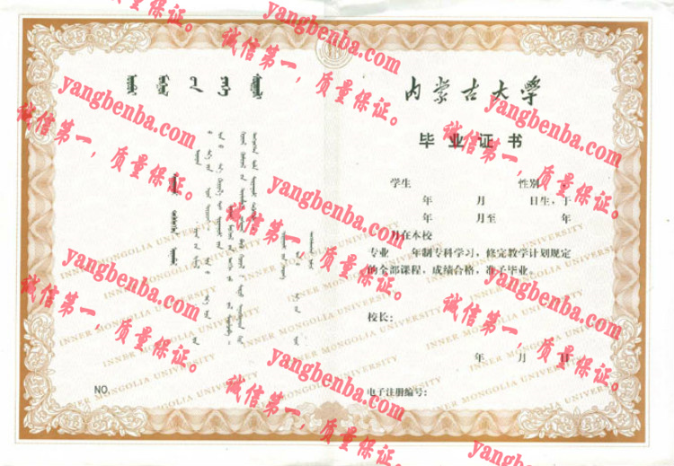 内蒙古大学毕业证样本
