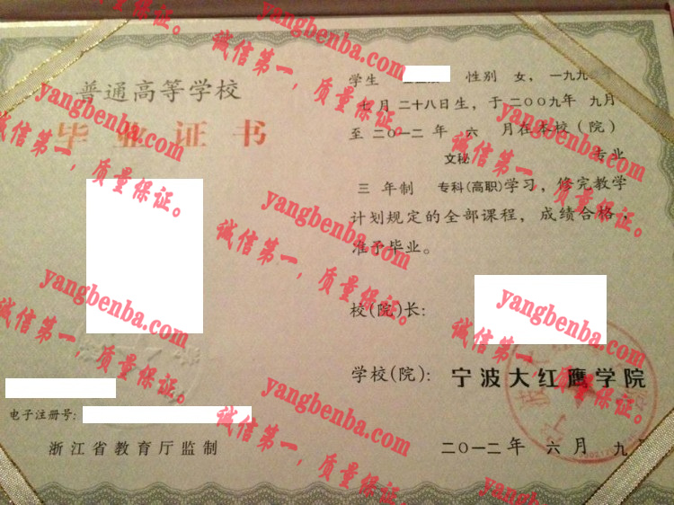 宁波大红鹰学院毕业证样本