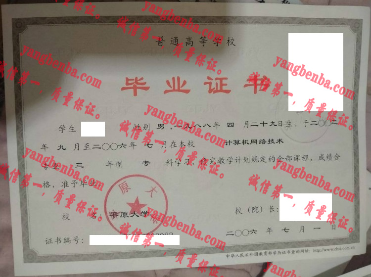 平原大学毕业证样本
