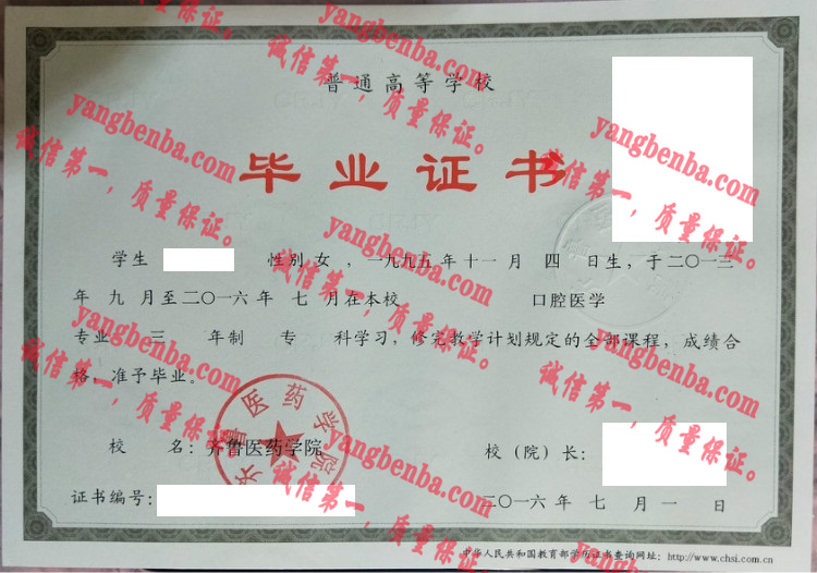 齐鲁医药学院毕业证样本