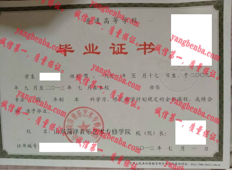 山东菏泽音乐艺术专修学院毕业证样本