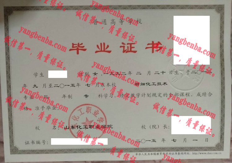 山东化工职业学院毕业证样本