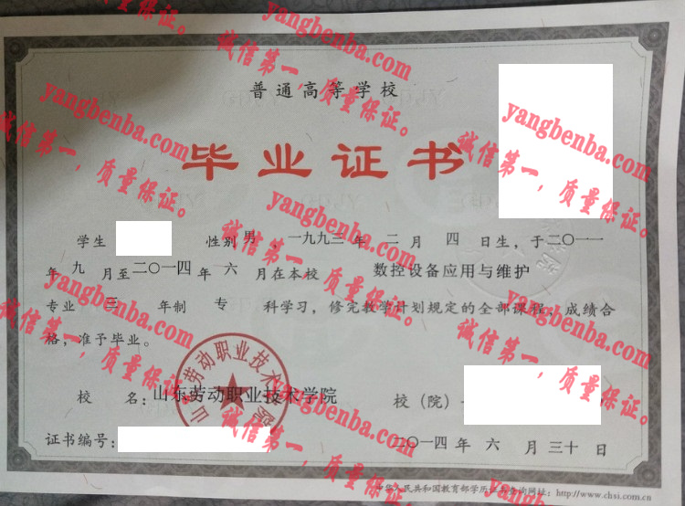 山东劳动职业技术学院毕业证样本