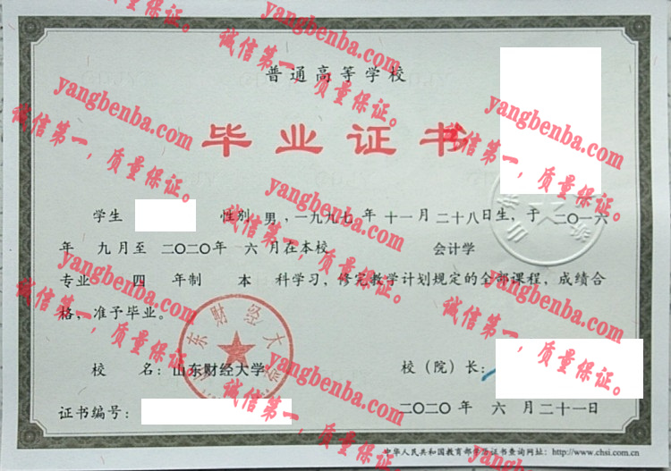 山东财经大学毕业证样本