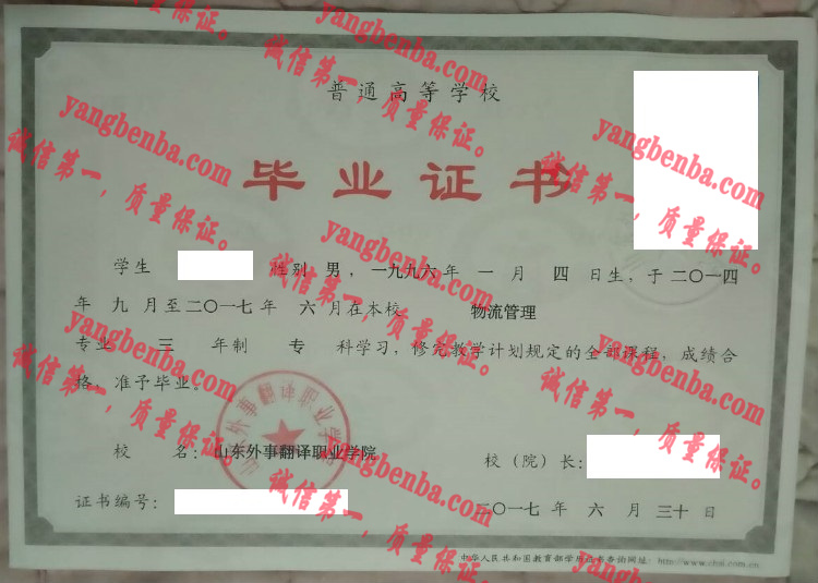 山东外事翻译职业学院毕业证样本