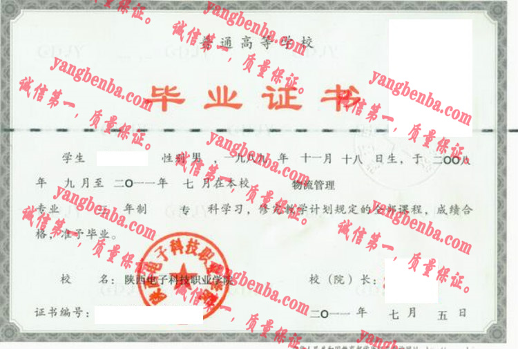 陕西电子科技职业学院毕业证样本
