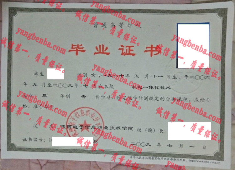 陕西电子信息职业技术学院毕业证样本