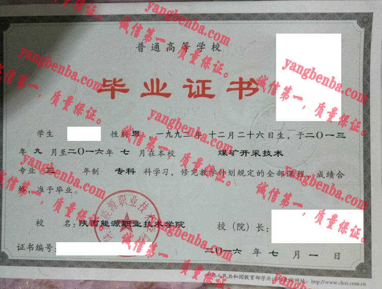 陕西能源职业技术学院毕业证样本