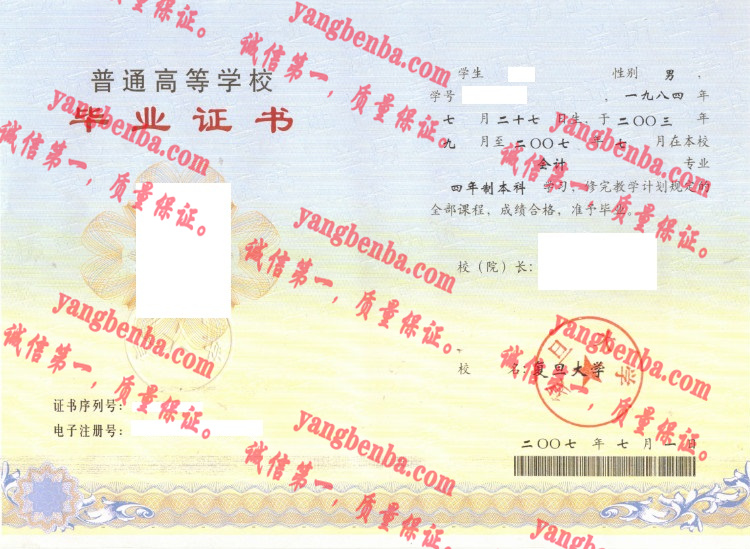 上海复旦大学毕业证样本