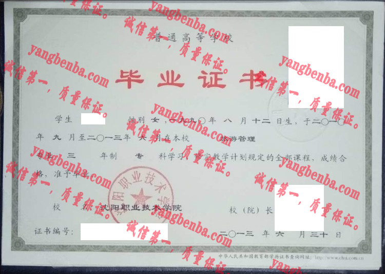 沈阳职业技术学院毕业证样本