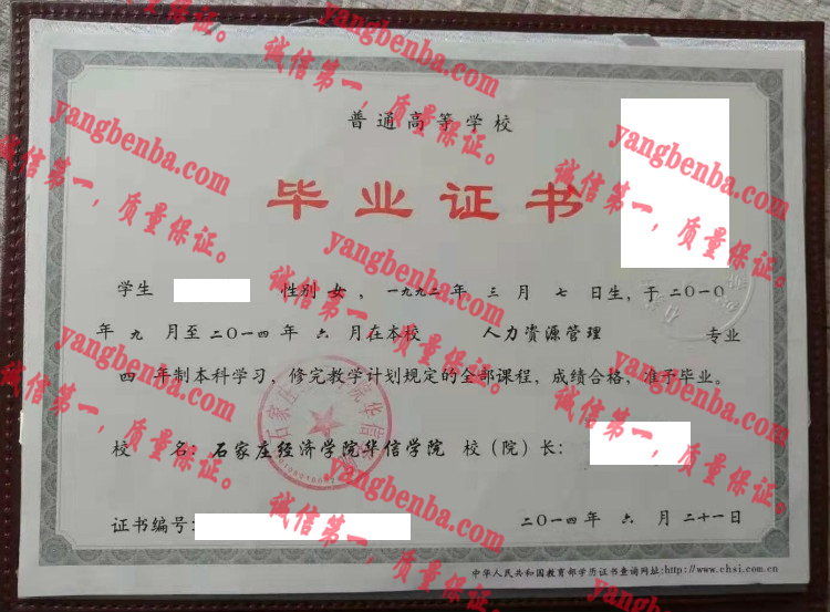 石家庄经济学院华信学院毕业证样本