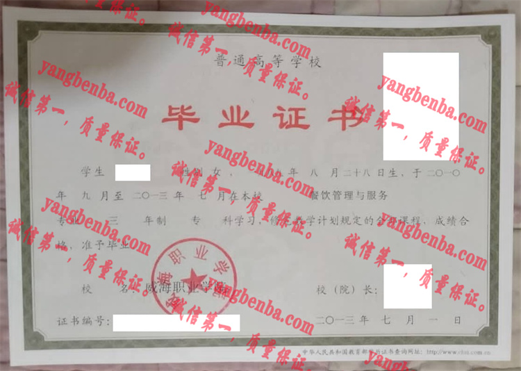 威海职业学院毕业证样本