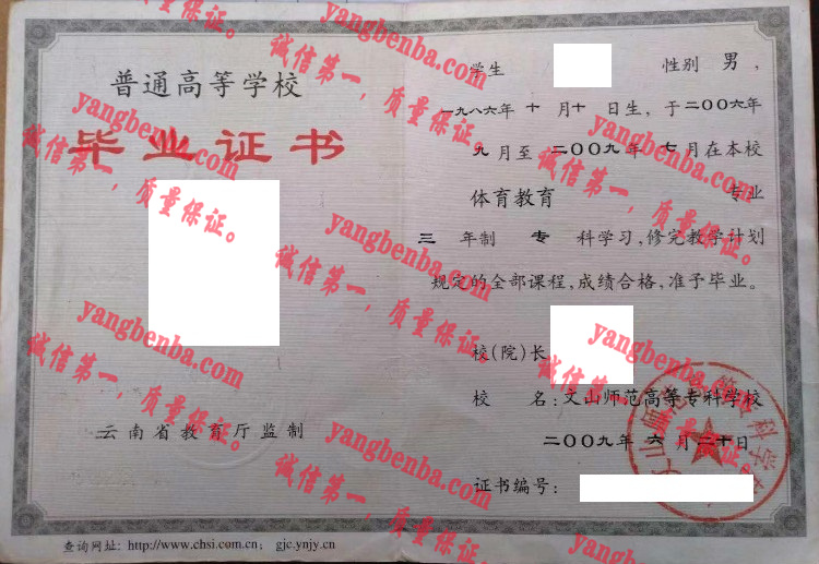 文山师范高等专科学校毕业证样本