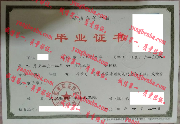 武汉船舶职业技术学院毕业证样本