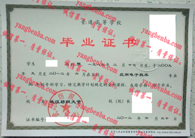 武汉纺织大学毕业证样本