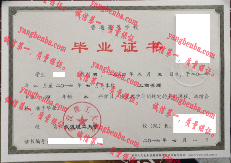 武汉理工大学毕业证样本