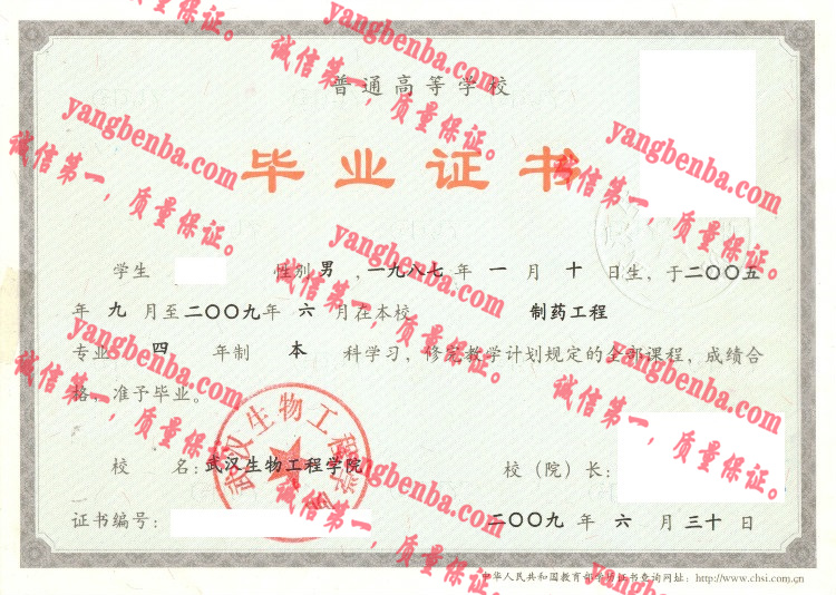 武汉生物工程学院毕业证样本