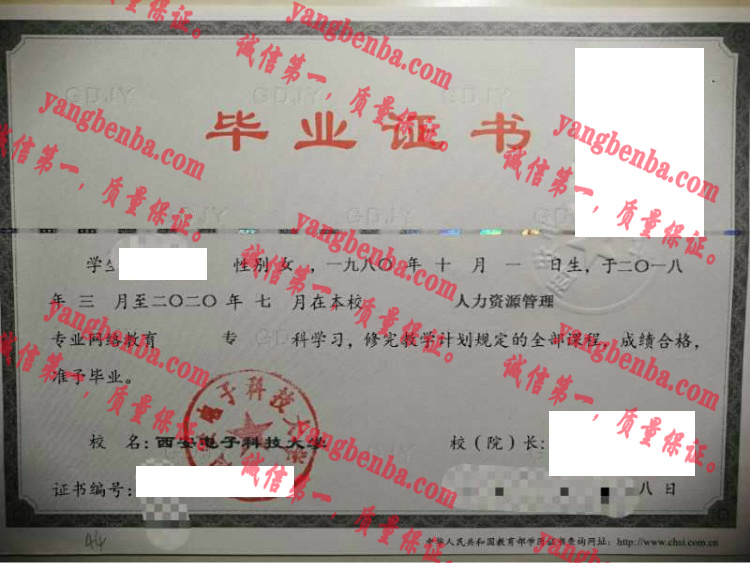 西安电子科技大学毕业证样本