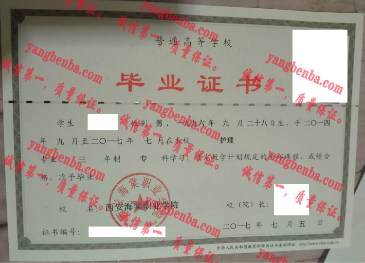 西安海棠职业学院毕业证样本