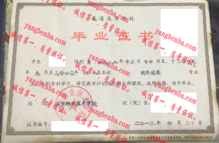 咸宁职业技术学院毕业证样本