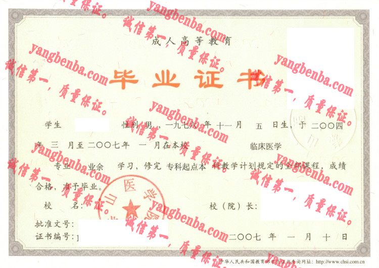 泰山医学院毕业证样本