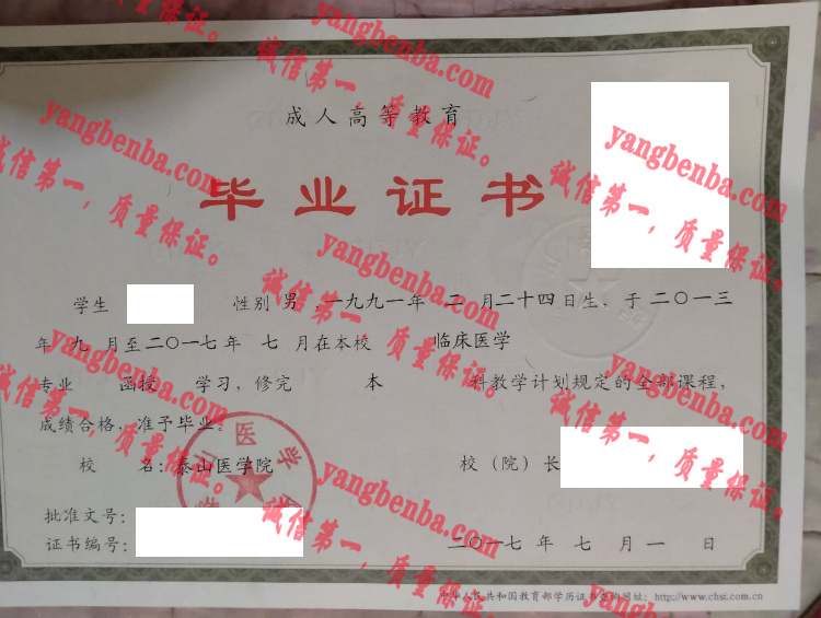 泰山医学院毕业证样本