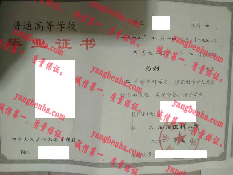 同济医科大学毕业证样本