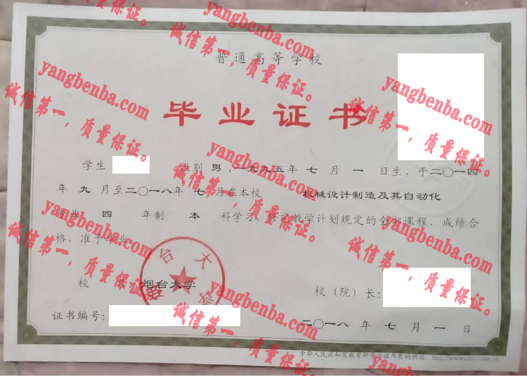 烟台大学毕业证样本