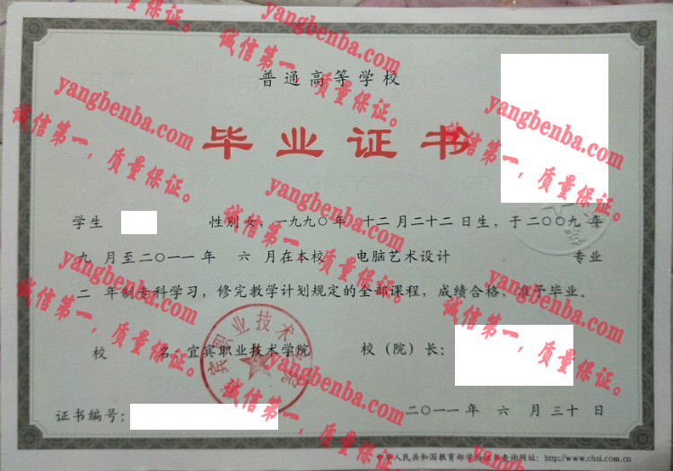 宜宾职业技术学院毕业证样本