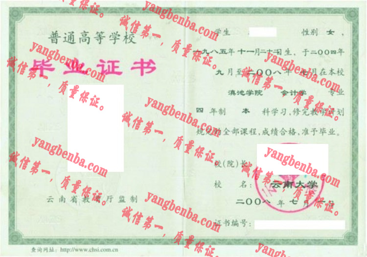 云南大学毕业证样本