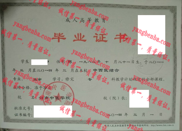 云南中医学院毕业证样本