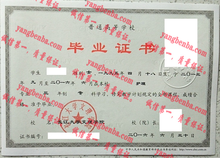 长江大学文理学院毕业证样本