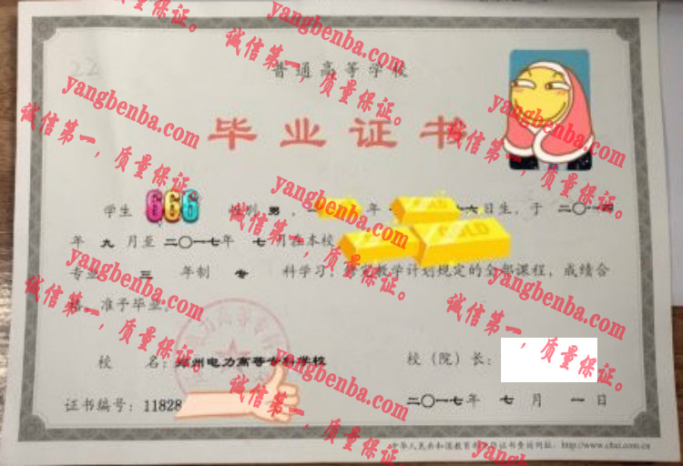 郑州电力高等专科学校毕业证样本