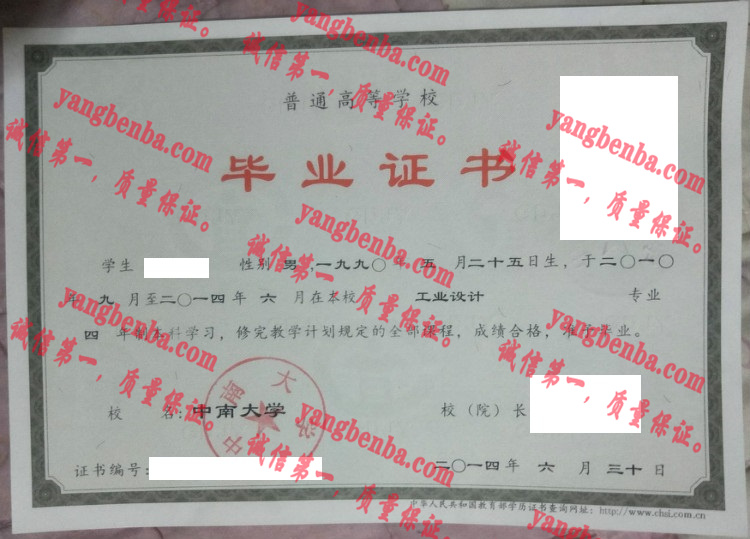 中南大学毕业证样本