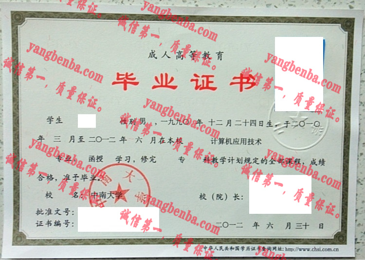 中南大学毕业证样本