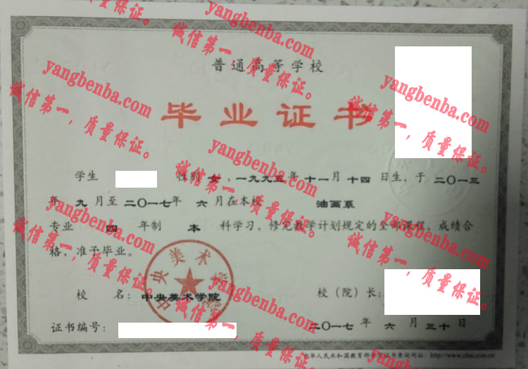 中央美术学院毕业证样本