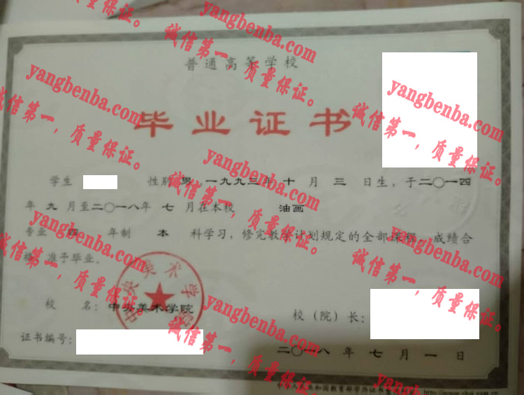 中央美术学院毕业证样本