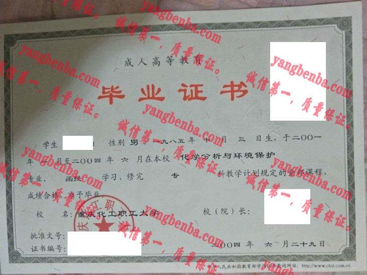 重庆化工职工大学毕业证样本