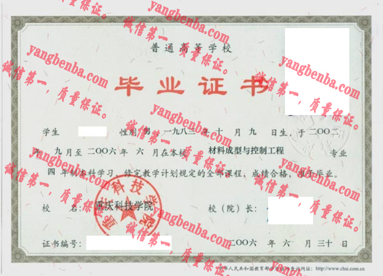 重庆科技学院毕业证样本