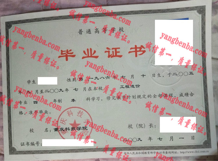 重庆科技学院毕业证样本