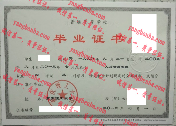 重庆理工大学毕业证样本