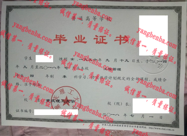 重庆理工大学毕业证样本