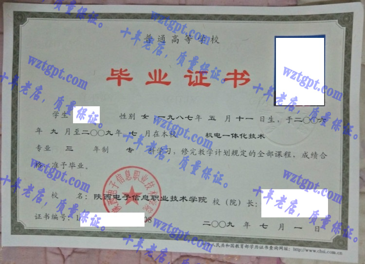 陕西电子信息职业技术学院毕业证样本