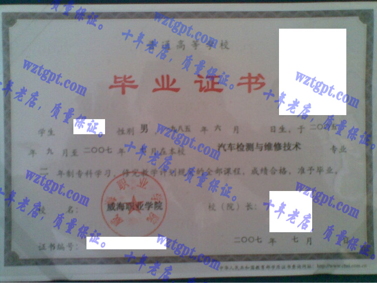 威海职业学院毕业证样本