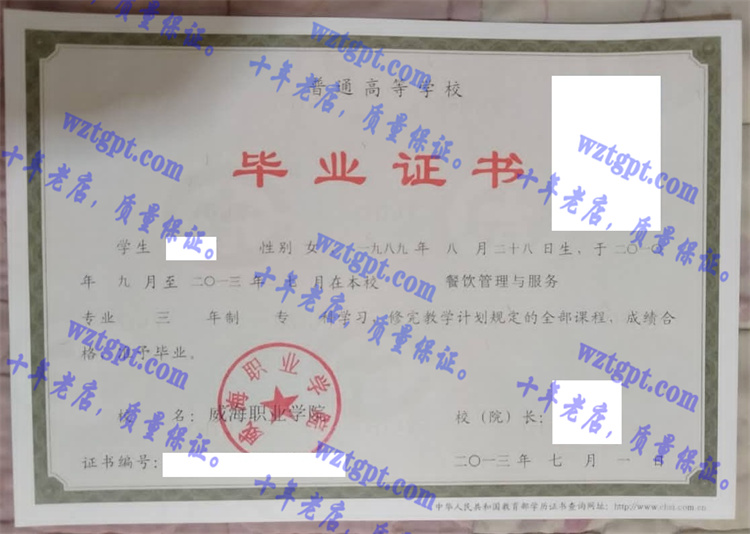 威海职业学院毕业证样本