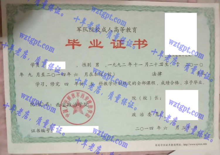 中国人民解放军西安政治学院毕业证样本
