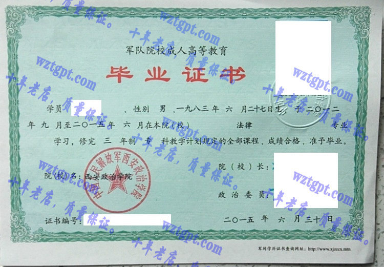 中国人民解放军西安政治学院毕业证样本